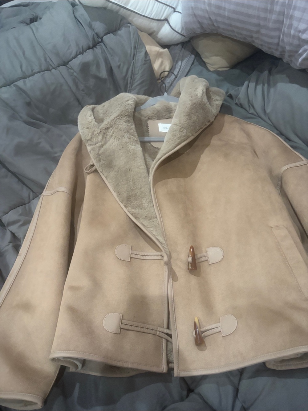 Heartloom Beige Suede Toggle Shearling Jacket